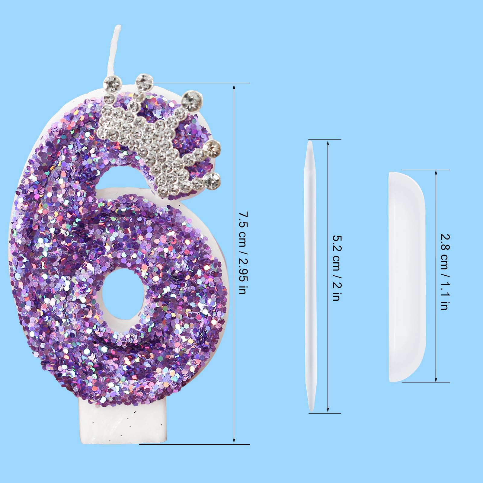 Bougies d'anniversaire en forme de chiffre 6 avec paillettes pour décoration de gâteau, couronne violette (chiffre 6)