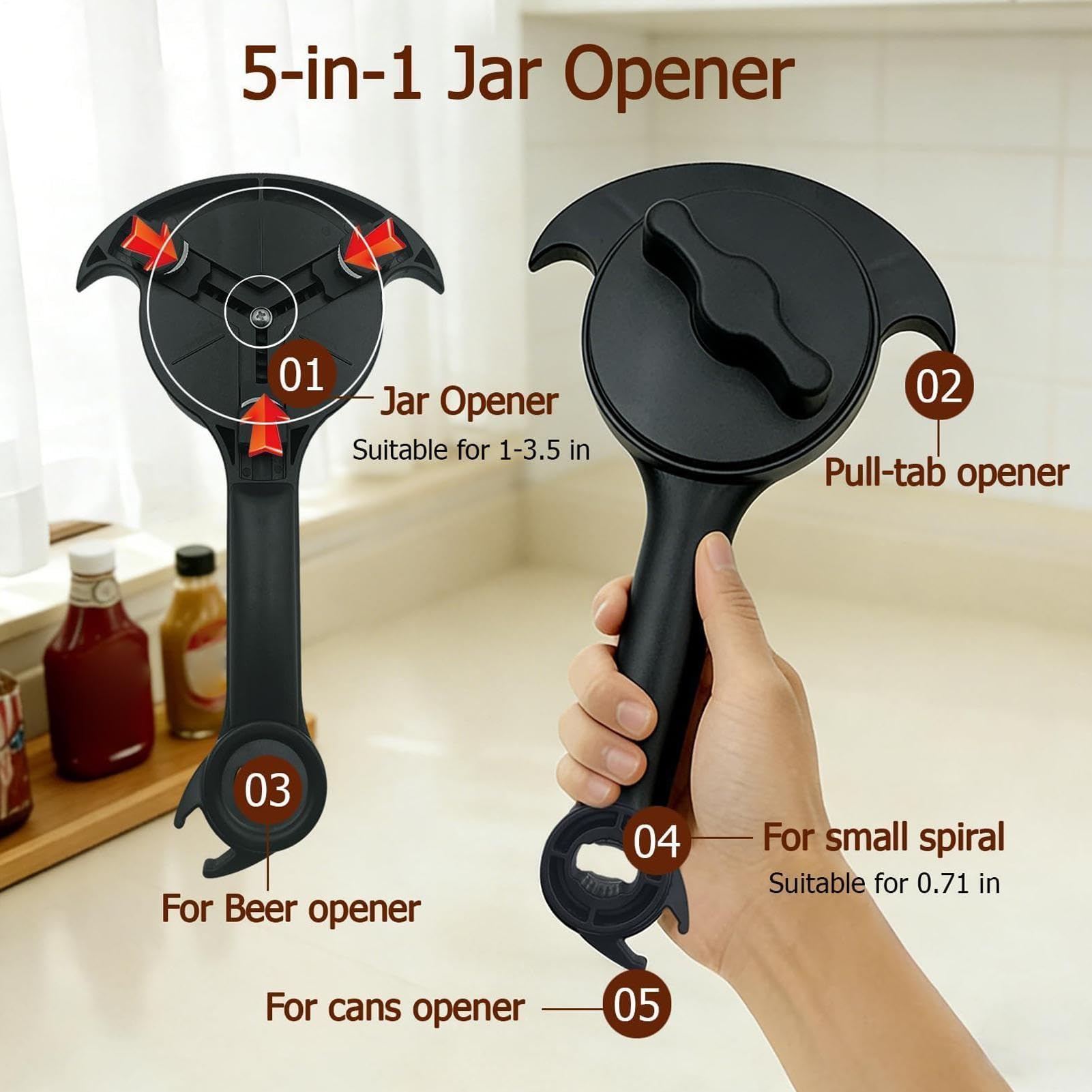 Abrefrascos Herramienta ajustable para abrir de latas | Abridor Manual Tarros Para Mujeres Hombres Mayores Cocineros Caseros Cocina Diaria Camping Barbacoa Preparación Comidas