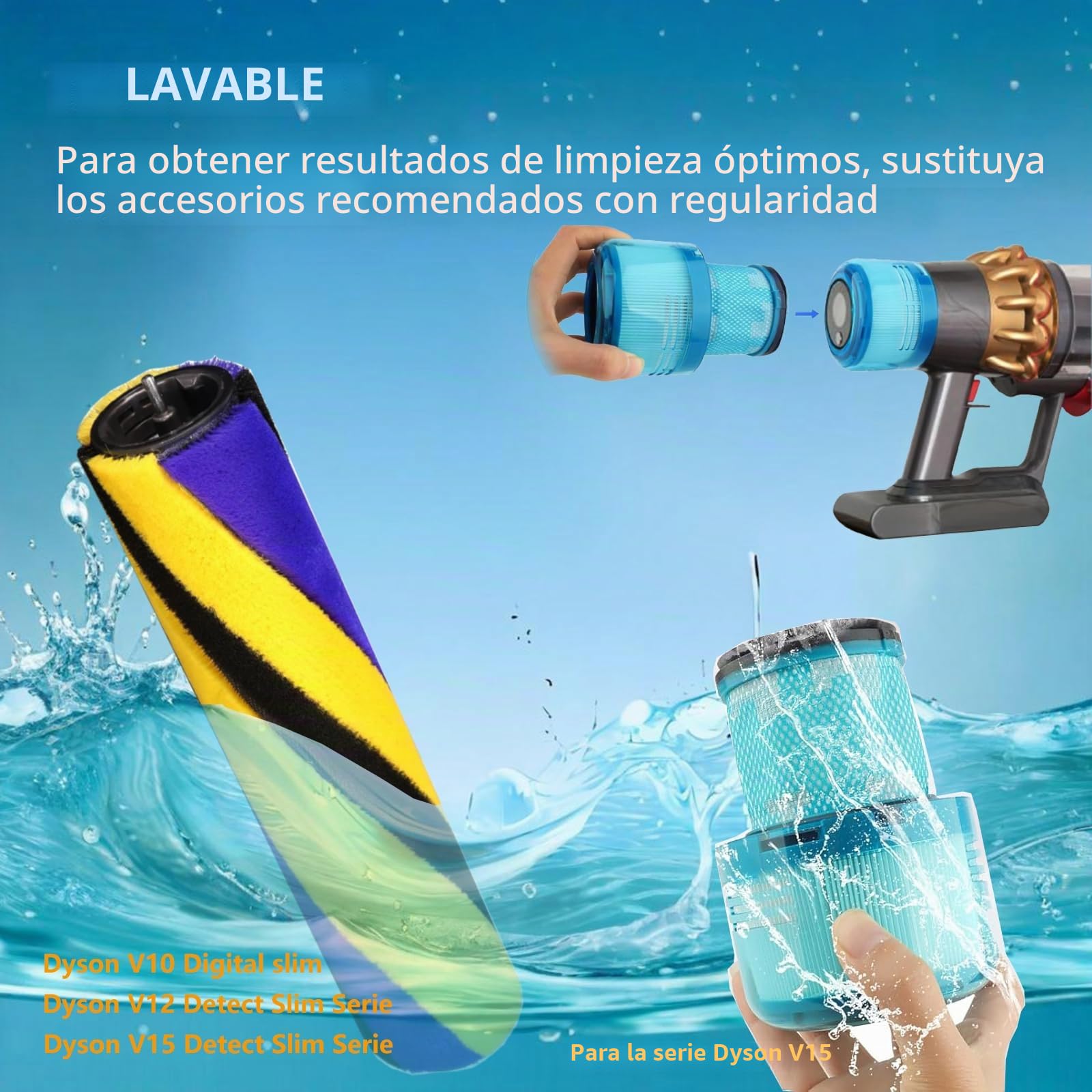 4 piezas para compatible filtros Dyson V15, filtro HEPA para aspiradora compatible Dyson V15 Detect Slim Series, V15 Accesorios Set con 2 filtros de repuesto, 1 cepillo de rodillo, 1 cepillo