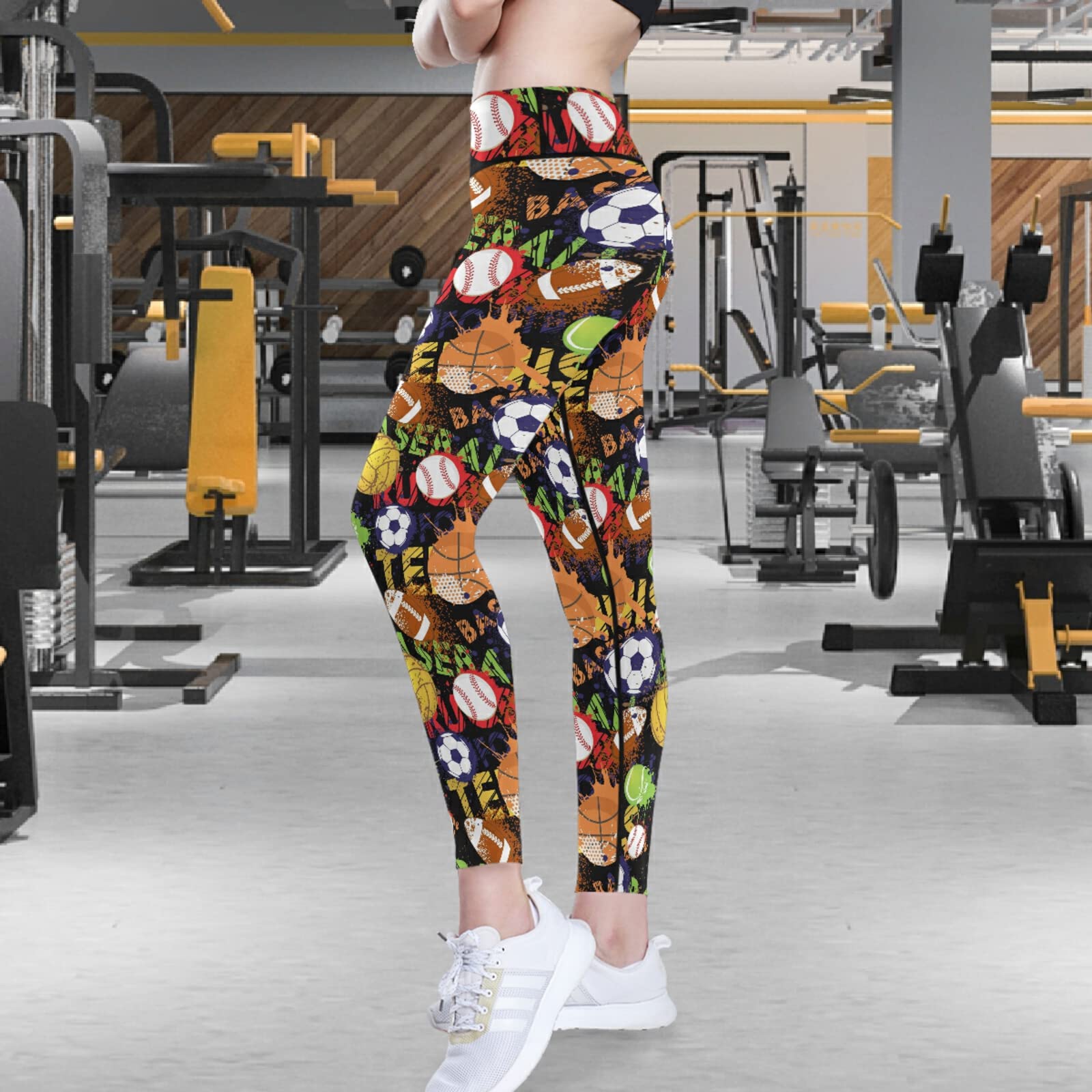 visesunny High Waist Yoga Pants with Pockets Stylish Sport Ball Print Soft Tummy Control Workout Leggings Black