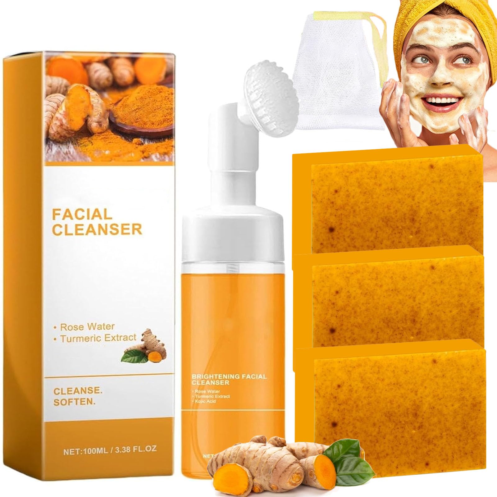 HABOHUSE Turmeric Wash and Care Two Piece Set, Turmeric Soap & Face Wash with Brush, Foaming Mousse Facial Deep Cleansing Exfoliating for Face & Body Skin Care (2,2Set)