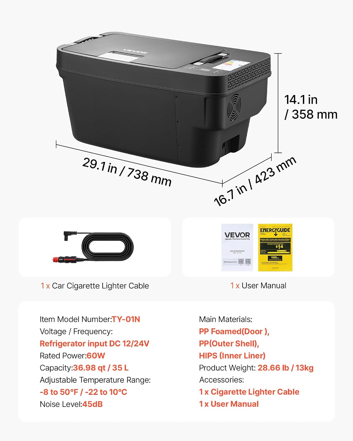 VEVOR 12 Volt Refrigerator, 37 QT/ 35L Car Fridge for Tesla Model Y, Portable Electric Freezer Compressor with APP Control, 12V/24V DC, -8℉ to 50℉