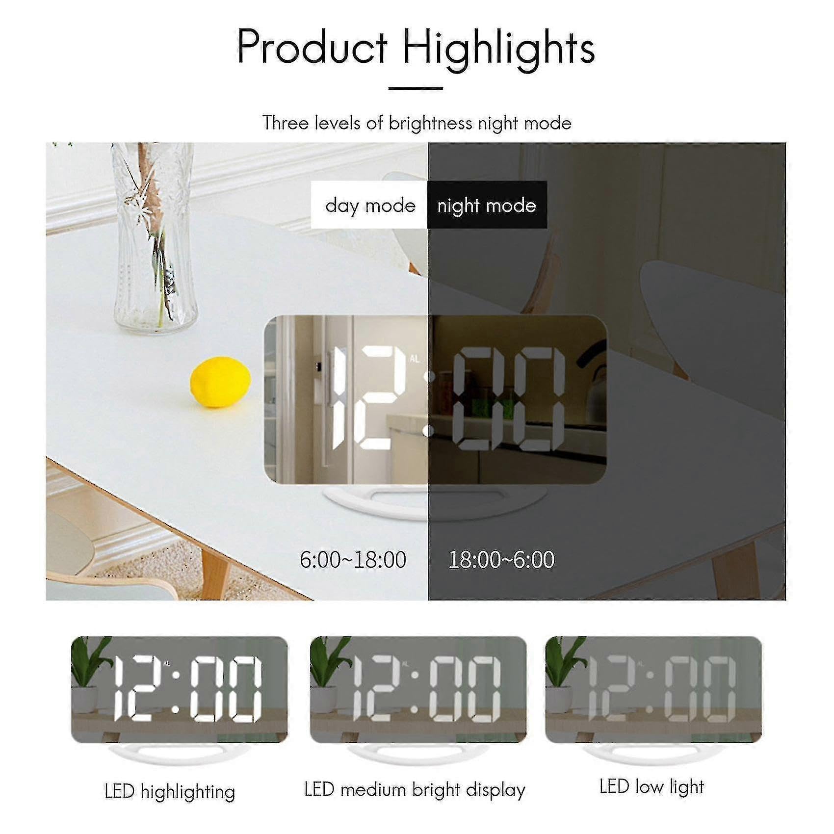 Reloj despertador vibratorio fuerte para adultos sordos durmientes pesados, reloj digital con espejo con agitador de cama