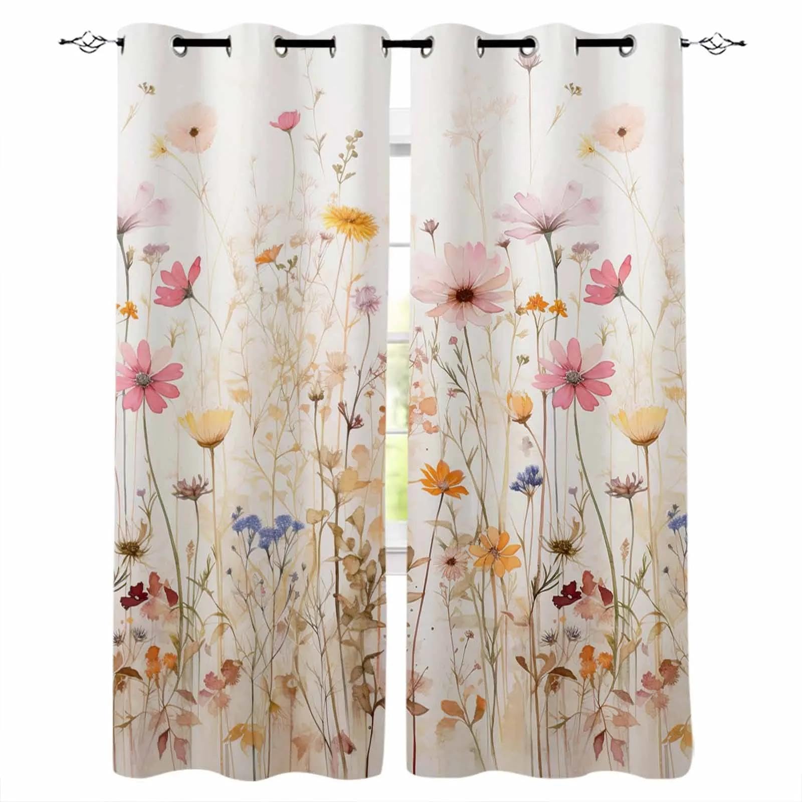 ZDLLDZ Plant Watercolor Flowers Curtains for Windows Drapes Modern Printing Blackout Curtains for Living Room Bedroom 132x160cm/52x63in (WxH) x2