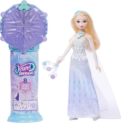 Filmden ilham alan Mattel Disney Karlar Ülkesi Elsa bebek, aksesuarlar, kar tanesi şeklinde değerli taş kutusu ile çocuk yüzüğü dahil 8 sürpriz ve 9 oyun parçası, JJY36