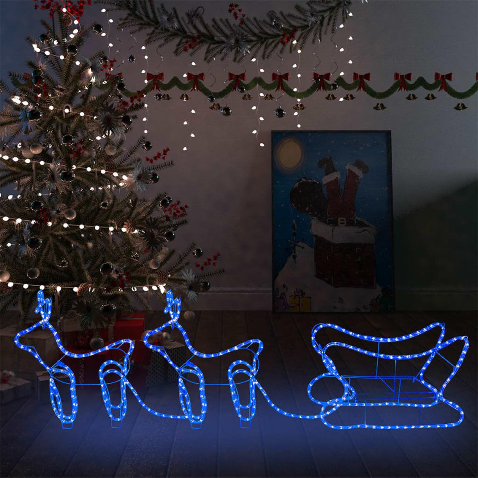 IKAYAA Renos y Trineo Luminosos en Acrílico con 576 LED Azul Decoración de Navidad Illuminación Navideña para Interiores Jardín Exteriores