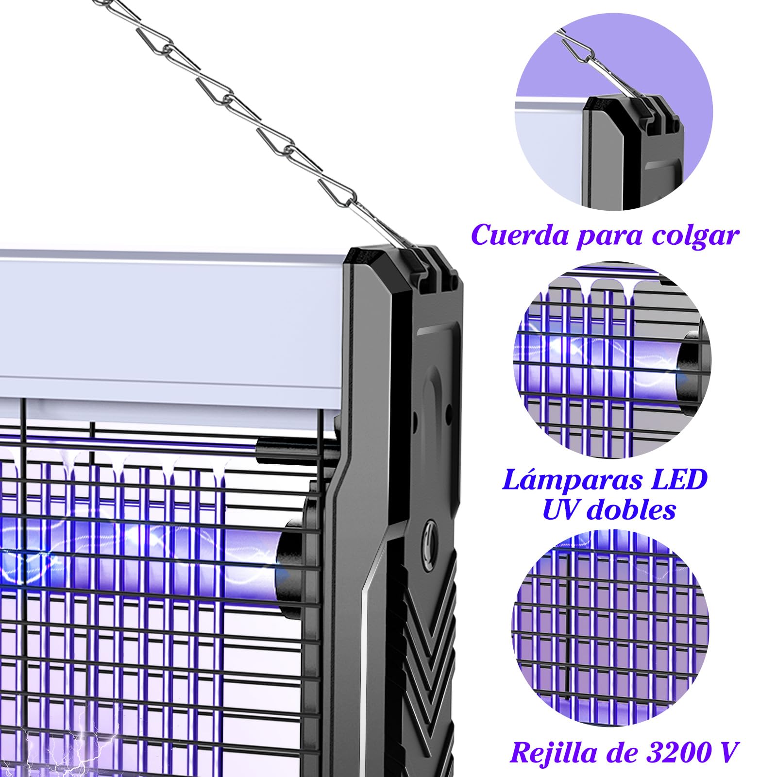 Lampara Antimosquitos 3200V, UV Mata Mosquitos Electrico USB de Montaje en Pared con Cable, Trampa Eléctrica para Moscas y Mosquitos, Capturador de Insectos para Interior y Exterior