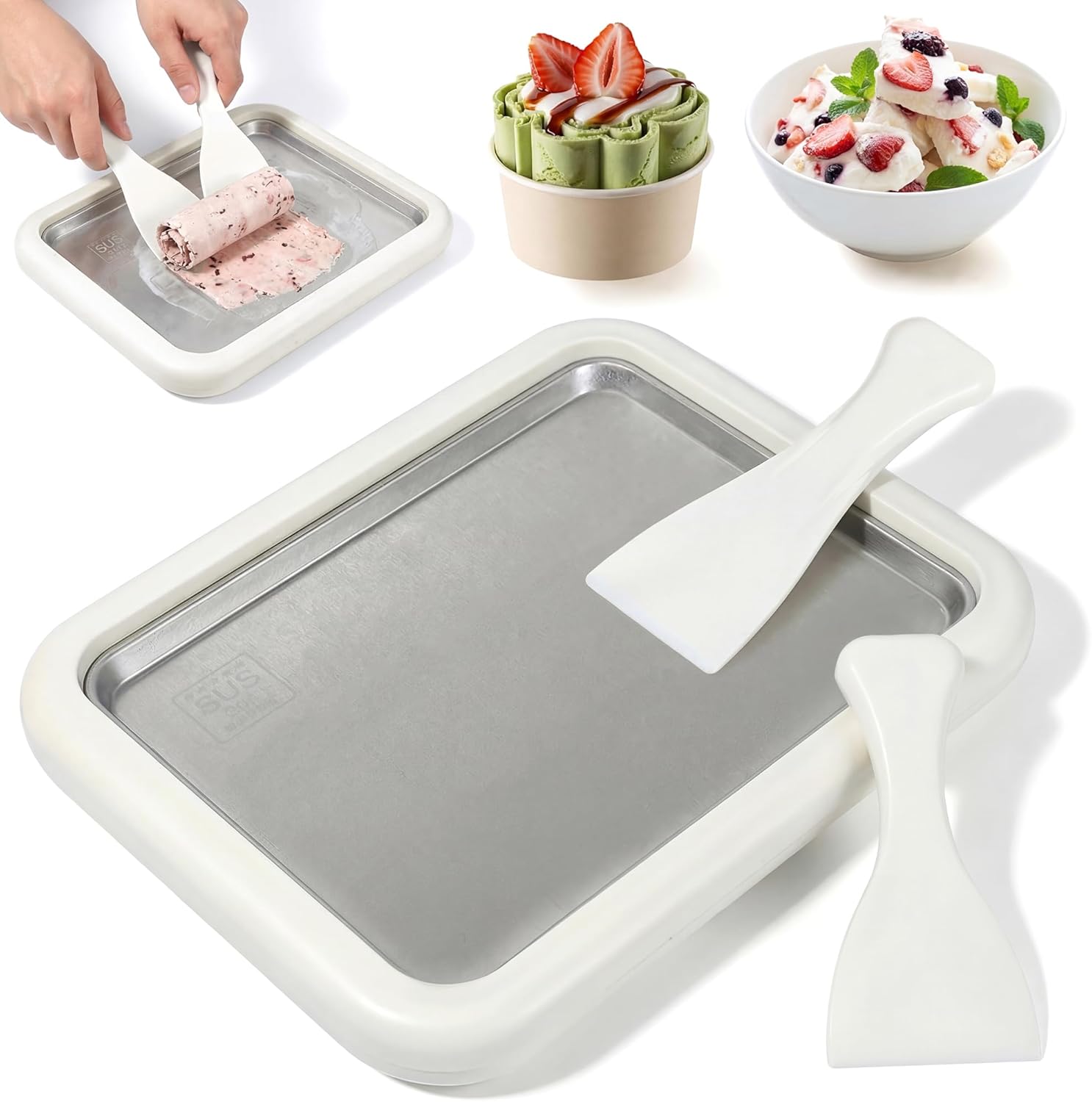 Rolled Ice Cream Maker - Instant Freeze Tray Roller for DIY Ice Cream Roll Homemade Frozen Yogurt Gelato Sorbet - Stainless Steel Cold Plate Pan Icecream Rolling Board Kit with 2 Spatulas