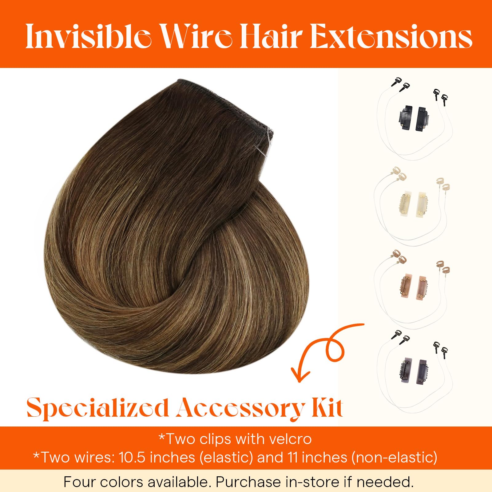 Sunny Hair Wire Hair Extensions Real Human Hair Fish Line Human Hair Extensions Invisible Wire Extensions Dark Brown to Caramel Blonde with Dark Brown Highlights #4/27/4 24 Inch