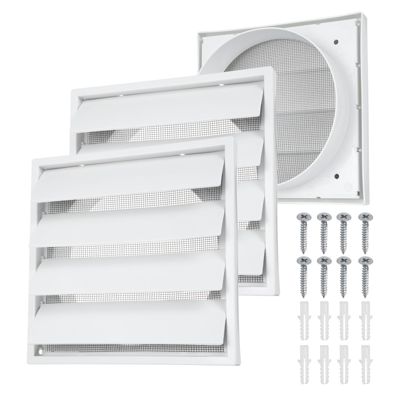 sourcing map 2Set Louvered Exhaust Vent Cover (6" Opening, 6.9"L x 6.9"W) - Air Wall Vent with Dustproof Mesh, Plastic Exhaust Ventilation Grille for Kitchen/Bathroom/Garage, White