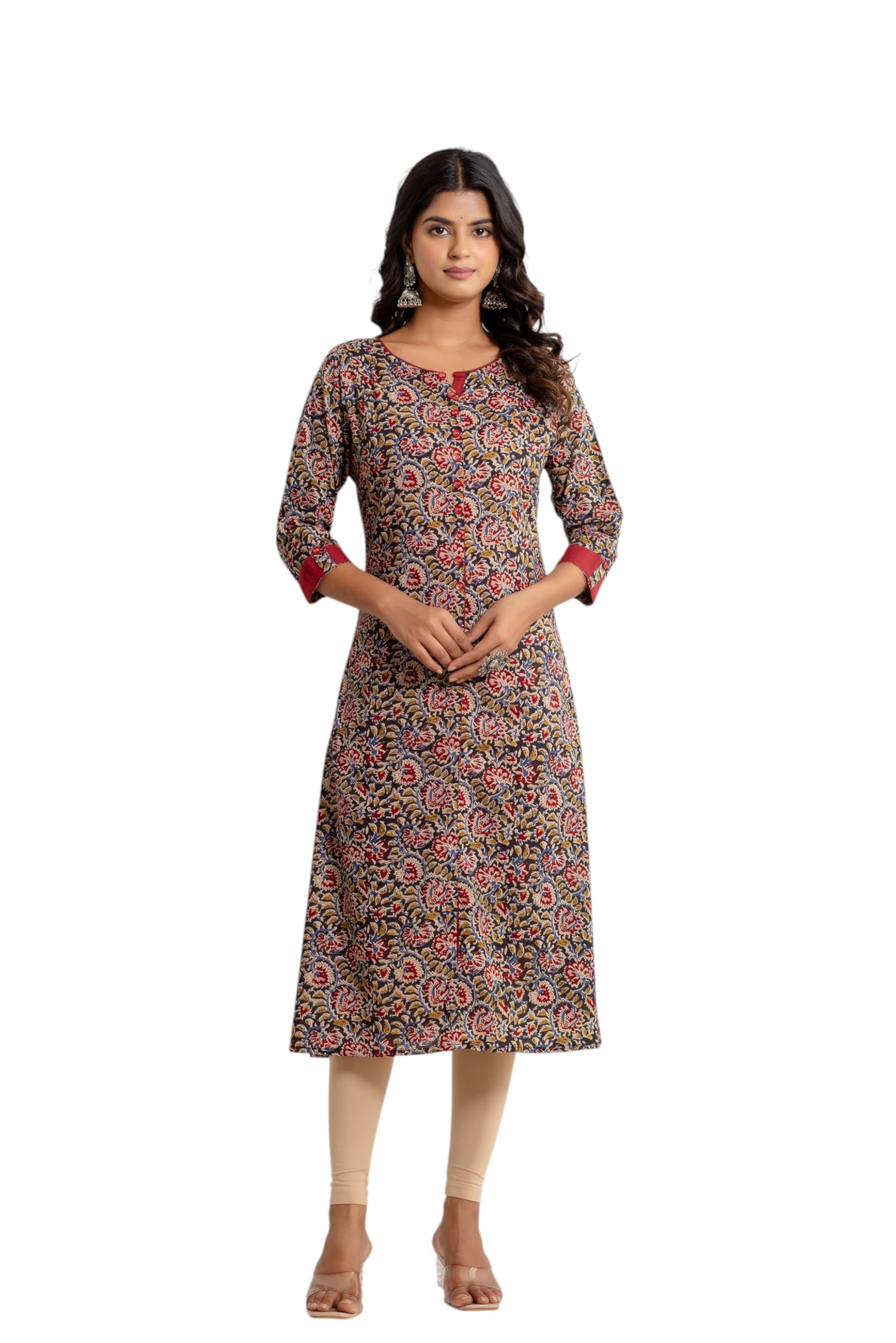 Women Pure Cotton Kalamkari Block Floral Printed Black Kurti | Maroon |-picture-20