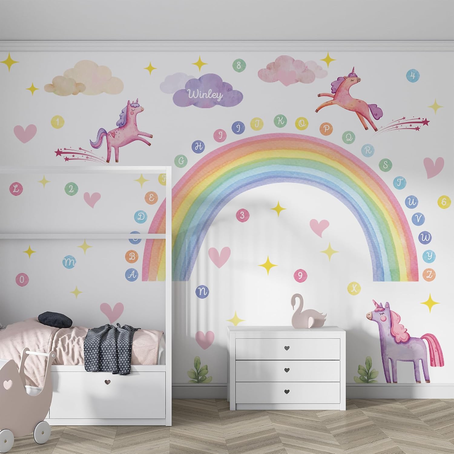 Magical Unicorn Rainbow Wall Decals, Large Pastel Watercolor Design with Hearts and Stars, Personalized Kids Room Nursery Decor Set, 4-Piece Removable Stickers (Medium)