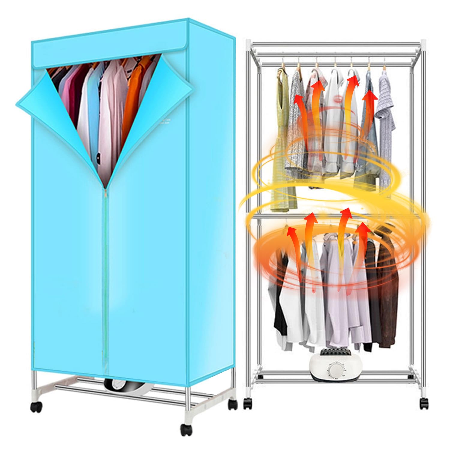 Gziztx Blue Heated Clothes Airer With Cover, Fast Heated Drying Rack 2-Tier Electric Clothes Dryer With 180 Minutes Timer, 15Kg Capacity Clothes Airer Indoor
