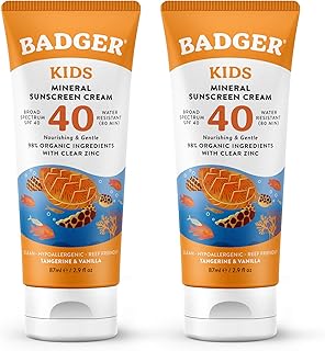 Badger Kids Mineral Sunscreen Cream SPF 40, 98% Organic Ingredients, Zinc Oxide Sunscreen for Kids Face & Body, Water Resistant, Reef Friendly, Hawaii Approved Sunblock, 2.9 fl oz, 2-Pack
