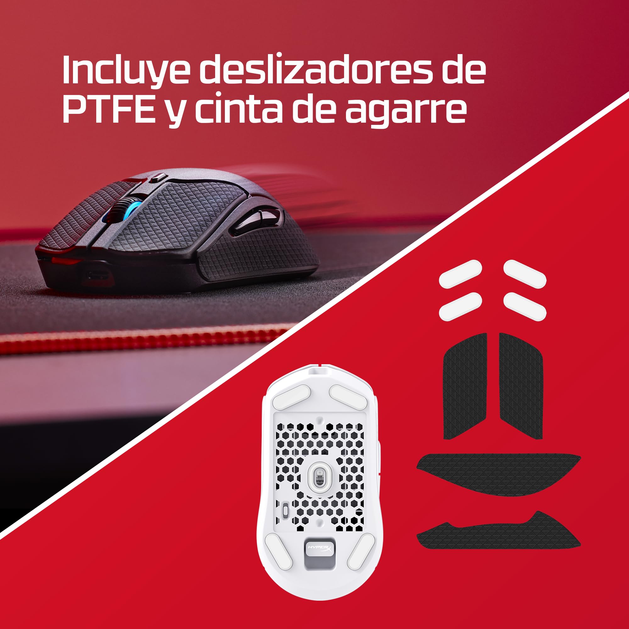 HyperX Haste 2 Wireless – Ratón gaming inalámbrico, ultraligero 61g, batería 100h, sensor preciso HyperX 26K, cable HyperFlex 2, antideslizamiento, color Blanco