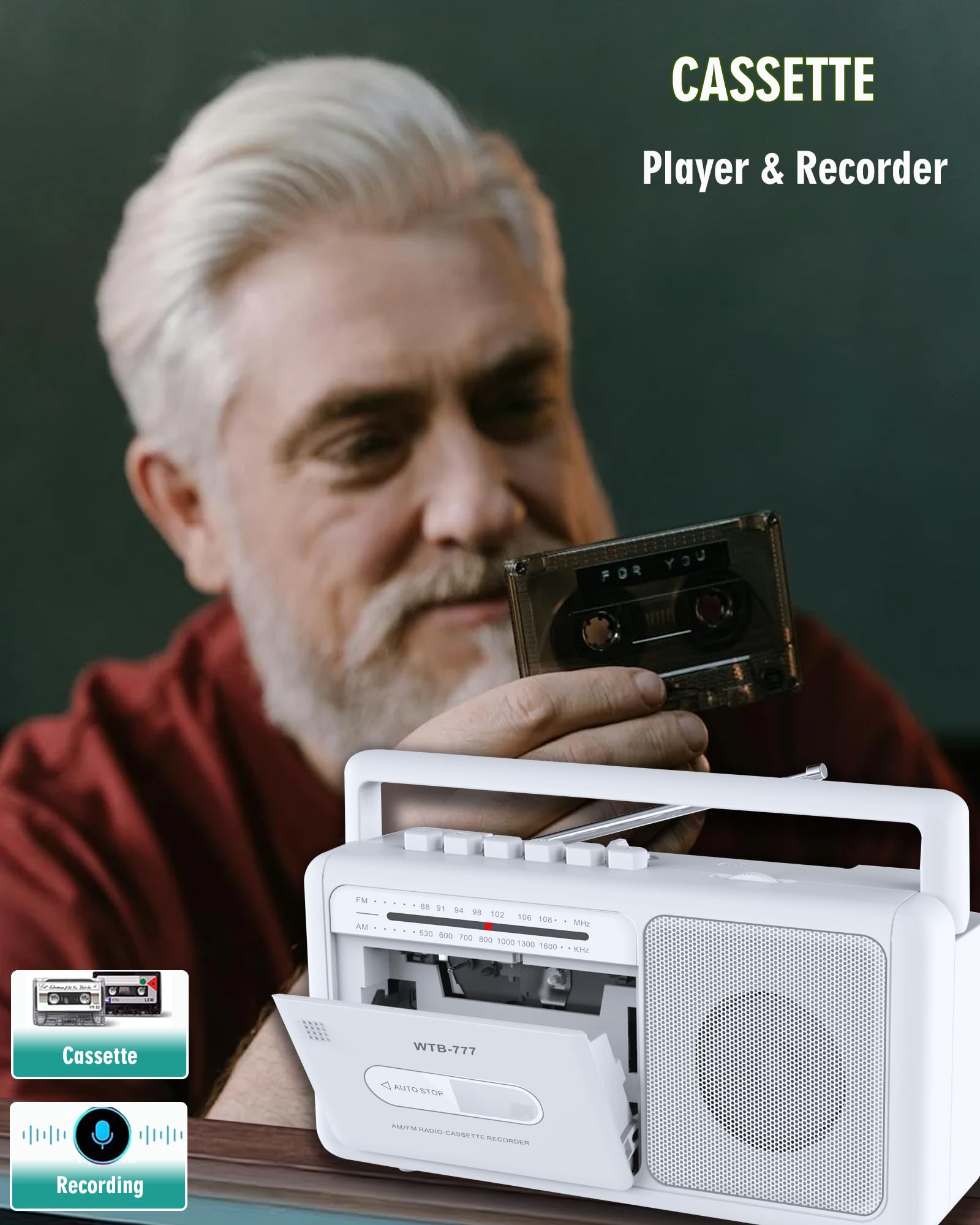 Baladeur Cassette,Lecteur de Cassettes Portable, Radio stéréo AM/FM vintage avec Bluetooth, USB, prise casque, enregistreur cassette portable pour la maison ou l'extérieur