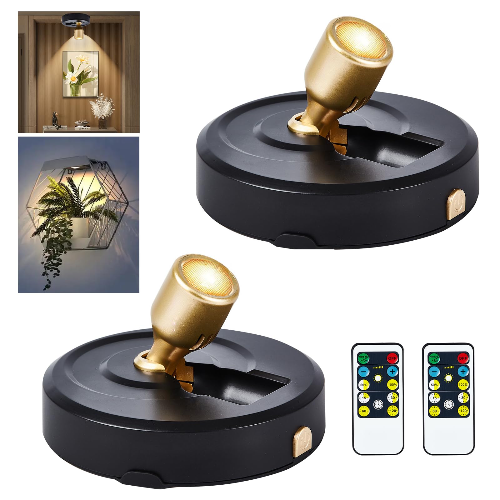 RAHAN Wireless LED Spotlight, 2Pack Battery Powered Picture Lights Puck Lights, Uplighting Indoor with Remote, Stick Spot Light for Wall Art Display Dartboard Painting Artwork Accent Closet