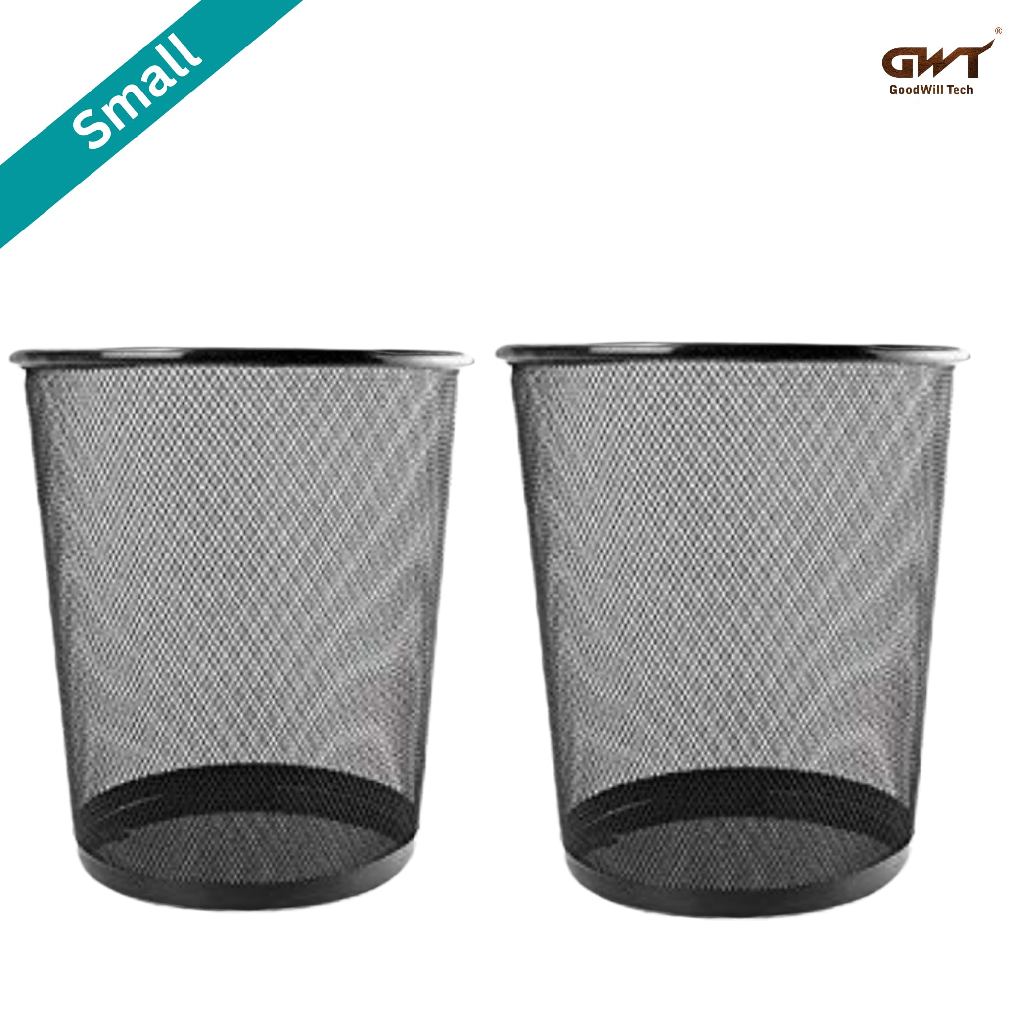 GoodWill Tech Open-Top Cylindrical Metal Mesh Recycling Dustbins- Waste Basket for Home/Office/Coffee Shop/Hotel Non-Toxic - Black (Set of 2, Small (9L))