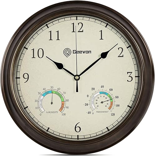 Geevon Relojes de pared retro de 14 pulgadas, funciona con pilas, con higrómetro y termómetro, reloj de pared silencioso sin tictac decorativo de