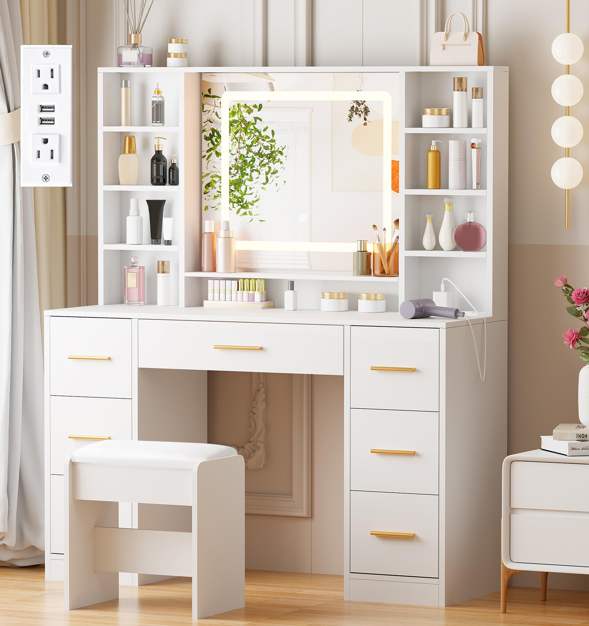 ANWBROAD Vanity Desk Table with Lighted Mirror 39.4“ Girls Makeup Vanity with Power Outlet 3 Colors Lighting Adjustable Brightness Vanity Table for Bedroom Dressing Room White UBDT65W