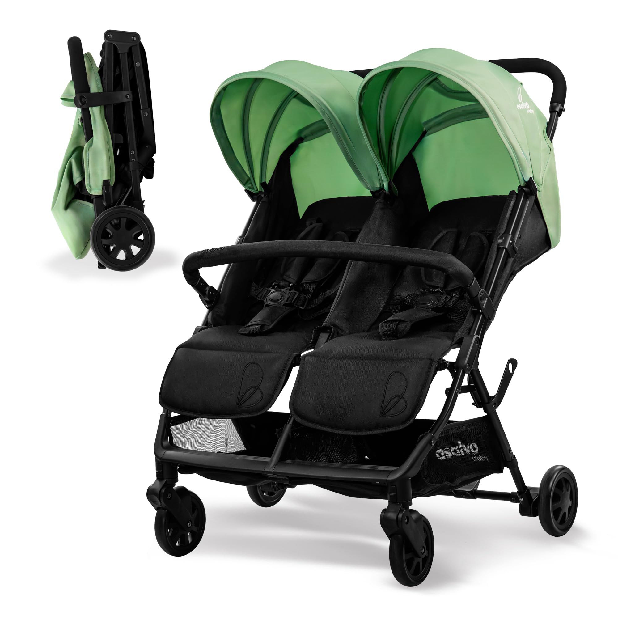 Asalvo DOUBLE HENRY Silla de paseo Doble, Cochecito doble para Gemelos y Hermanos, Ligera, Reclinable, Compacta, Plegable, Hasta 33kg, Freno trasero, Capota con ventana, Manejable, Verde
