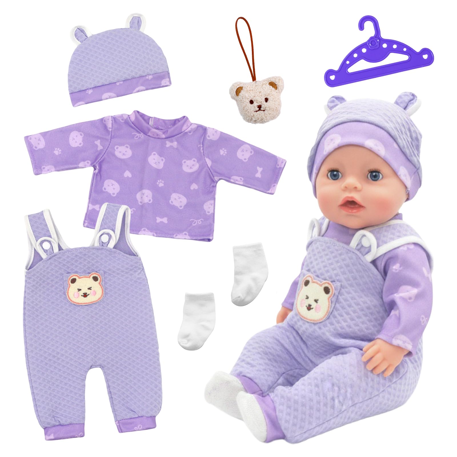 Baby Doll Clothes for 35-43cm Baby Dolls, 6 Pcs Newborn Baby Doll Clothes with Bear Hat Purple Clothes Overall Pendant Hanger Socks, Cute Purple Baby Doll Outfits for 14-17 Inch Dolls, as Gift to Kids