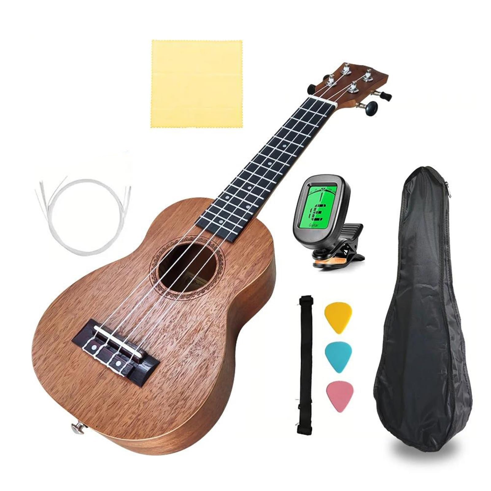 Ukulele 21 Zoll Akustik Ukulelen Set Mit Tasche Saiten Stimmgerät Massivholz Anfänger Erwachsene(Light Brown)
