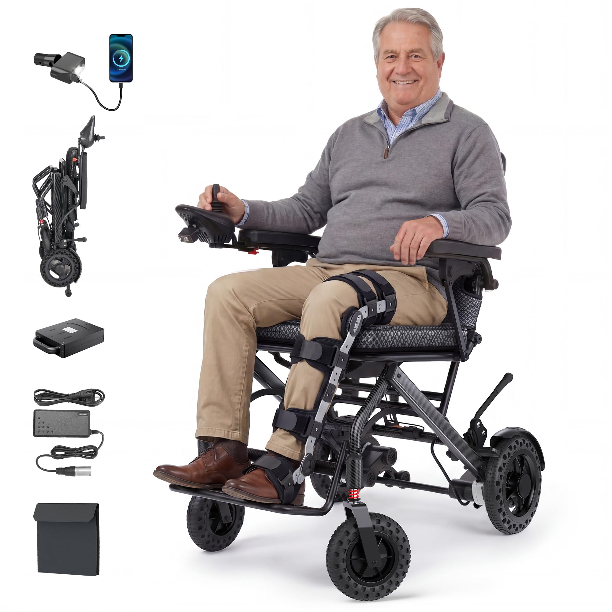 Rollstuhl Elektrisch Faltbar Leicht 14,5 kg Elektrischer Rollstuhl | Flugzeugzulassung, 20KM Reichweite, Lithium-Batterie, 360W Elektrorollstuhl, 5 Jahre Support, Kohlefaser-Folie