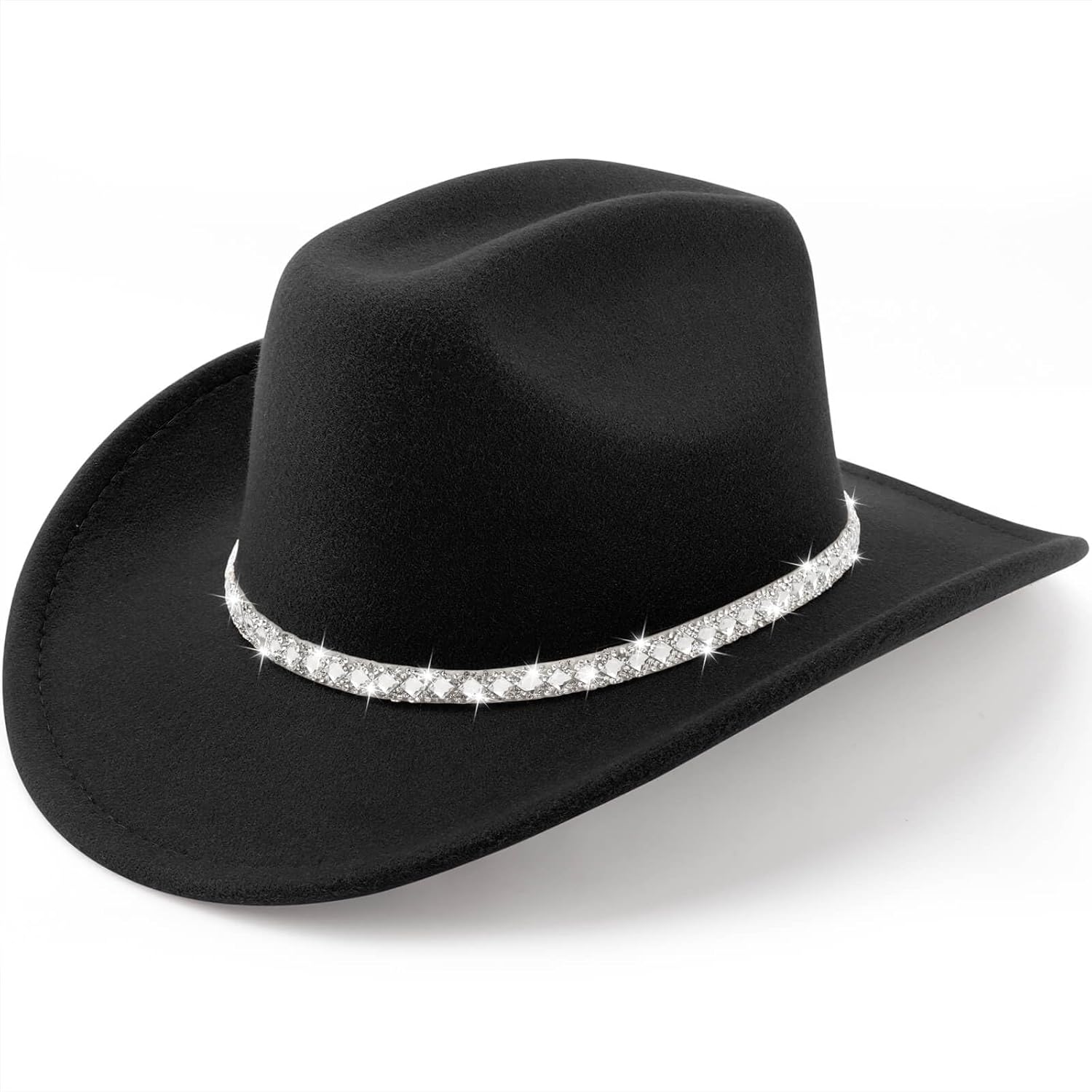 DRESHOW Western Cowboy Hat for Women and Men Wide Brim Glitter Cowboy Cowgirl Hat with Rhinestone Felt Fedora Hats
