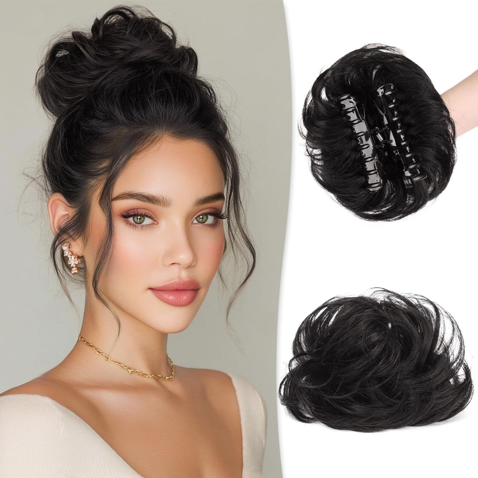 Photo 1 of RUWISS Claw Clip Messy Bun Hair Piece Real Human Hair Buns Wavy Curly Chignon Hair Bun Extensions Tousled Updo Claw Clip Ponytail Hairpieces for Women?Natural Black?