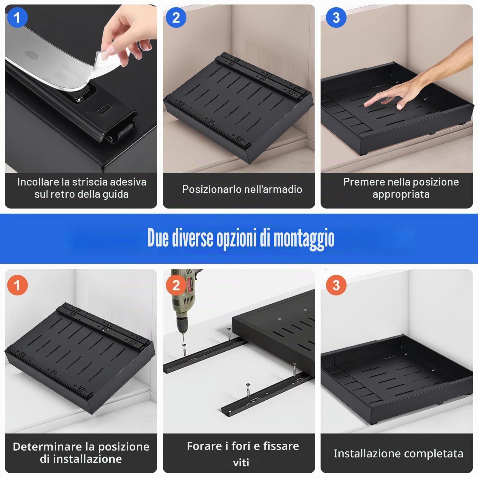 Cassetto telescopico, armadietto a scomparsa per la cucina, organizer per cassetti, larghezza regolabile senza fori (32-52 cm), adatto per cucina (nero)