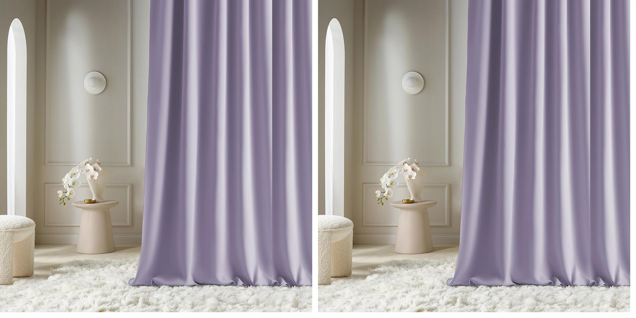 ROOM99 Tenda con nastro arricciato, Aura, 140 x 260 cm, larghezza x altezza, oscurante, decorazione moderna, per soggiorno, camera da letto, colore lilla (Confezione da 2)