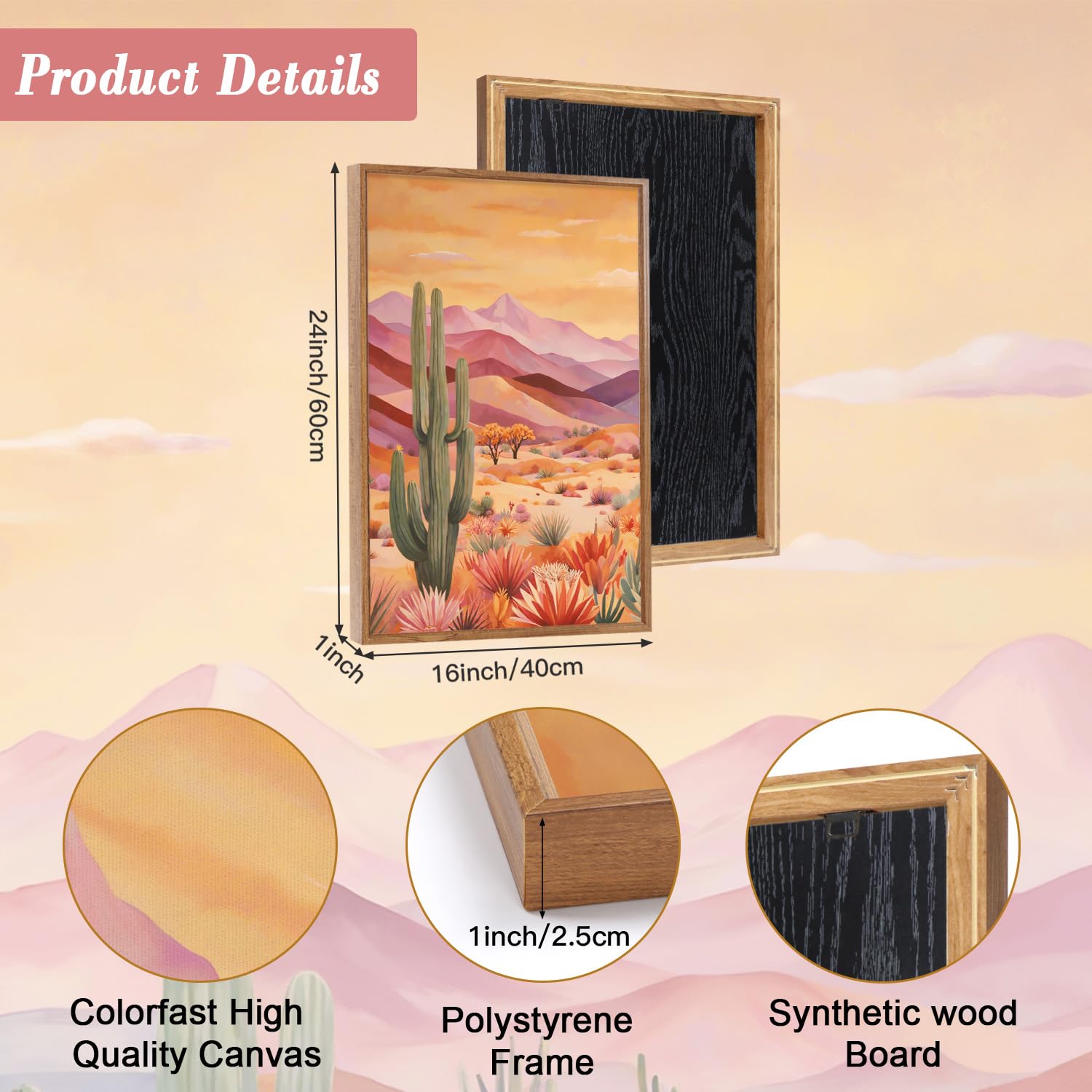 HOURIA Kunstdruck auf Leinwand, abstrakter Sonnenuntergang, Bergwüste, Kaktus, 40,6 x 61 cm, Vintage-Südwest-Landschaft, Wanddekoration, moderner Boho-Kunstdruck für Büro, Bauernhaus, Wohnzimmer, 3