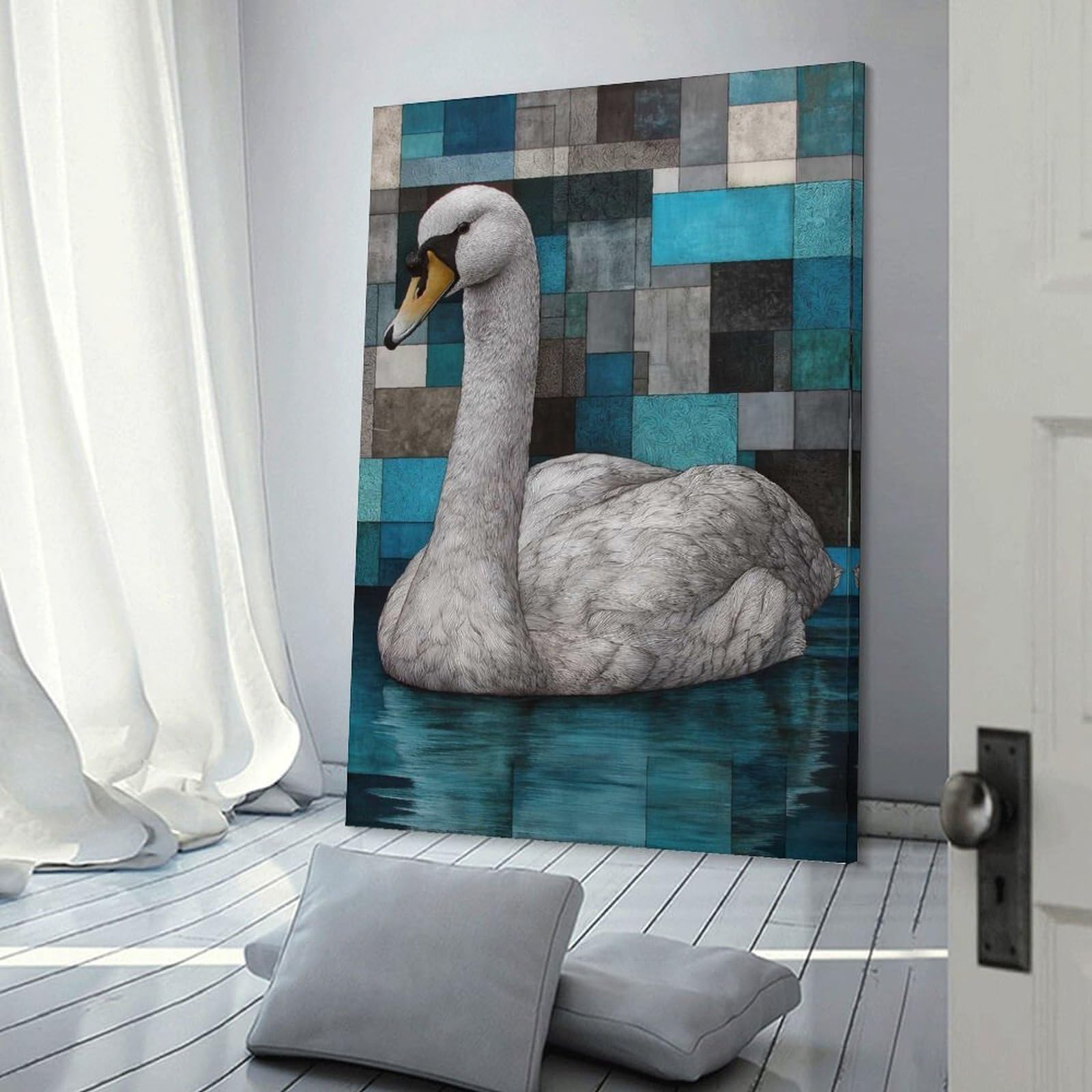 Elegant Swan in Blue Mosaic Room Decor Wall Art 20x30inch(50x75cm), for Bedroom, Guest Room Or Reading Nook, An Easy Wall Refresh for Bedrooms
