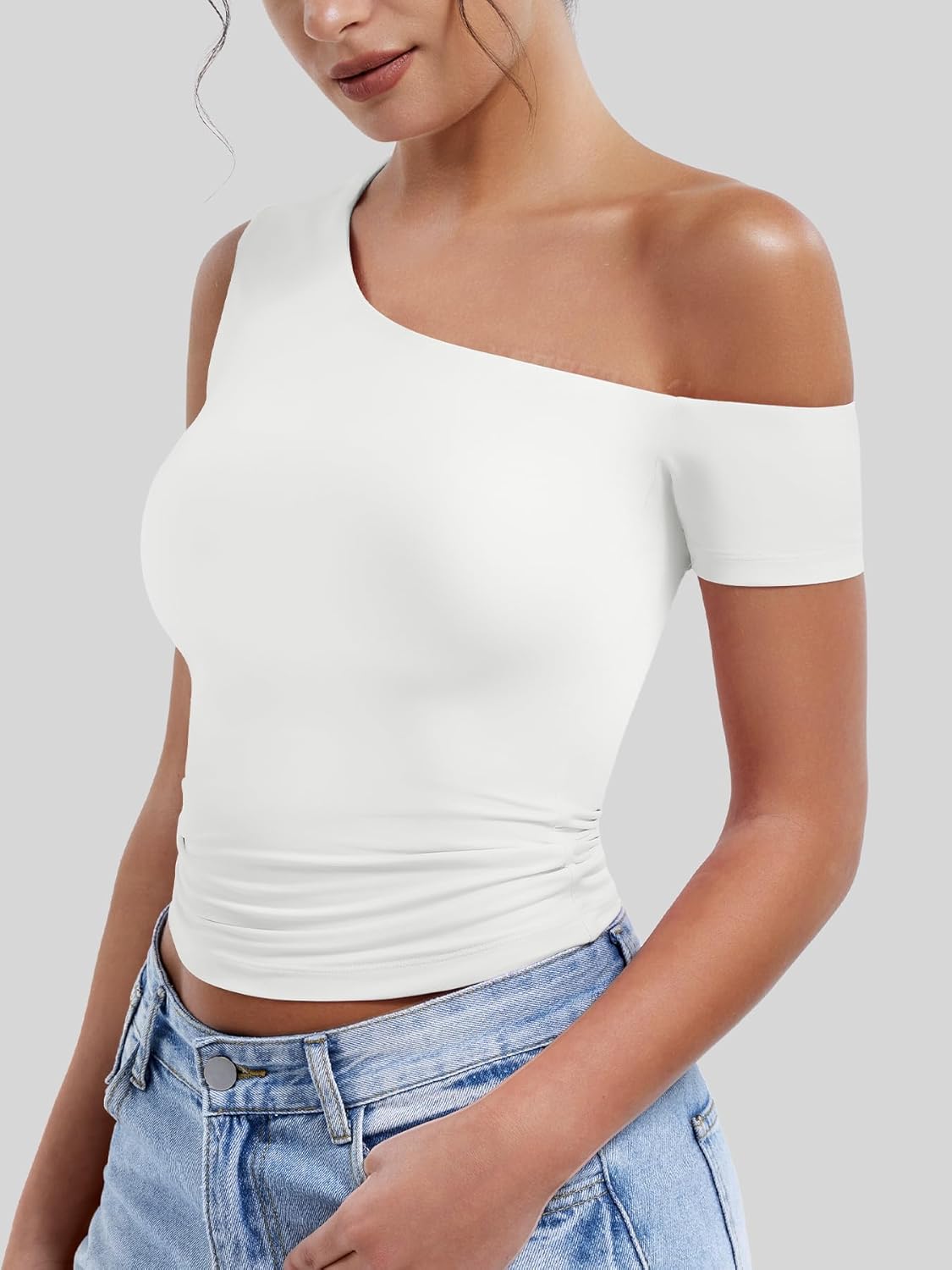 YEOREO Women One Off Shoulder Y2K Tops Double Lined Slim Fit T Shirts Going Out Basic Tees - Image 2