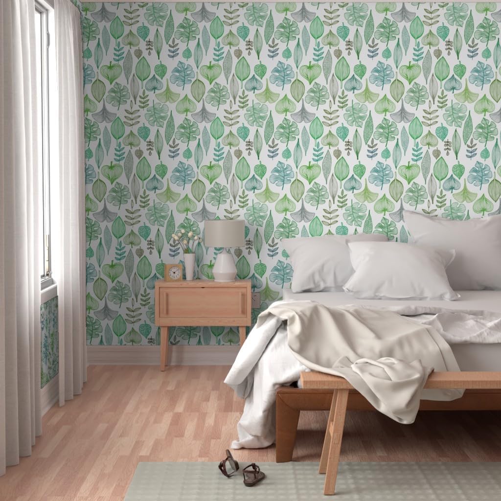 Spoonflower Commercial Grade Wallpaper 27ft x 2ft - Green Leaves Pattern Plants Nature Trees Tropical Greenery Tree Leaf Spring Summer Traditional Wallpaper