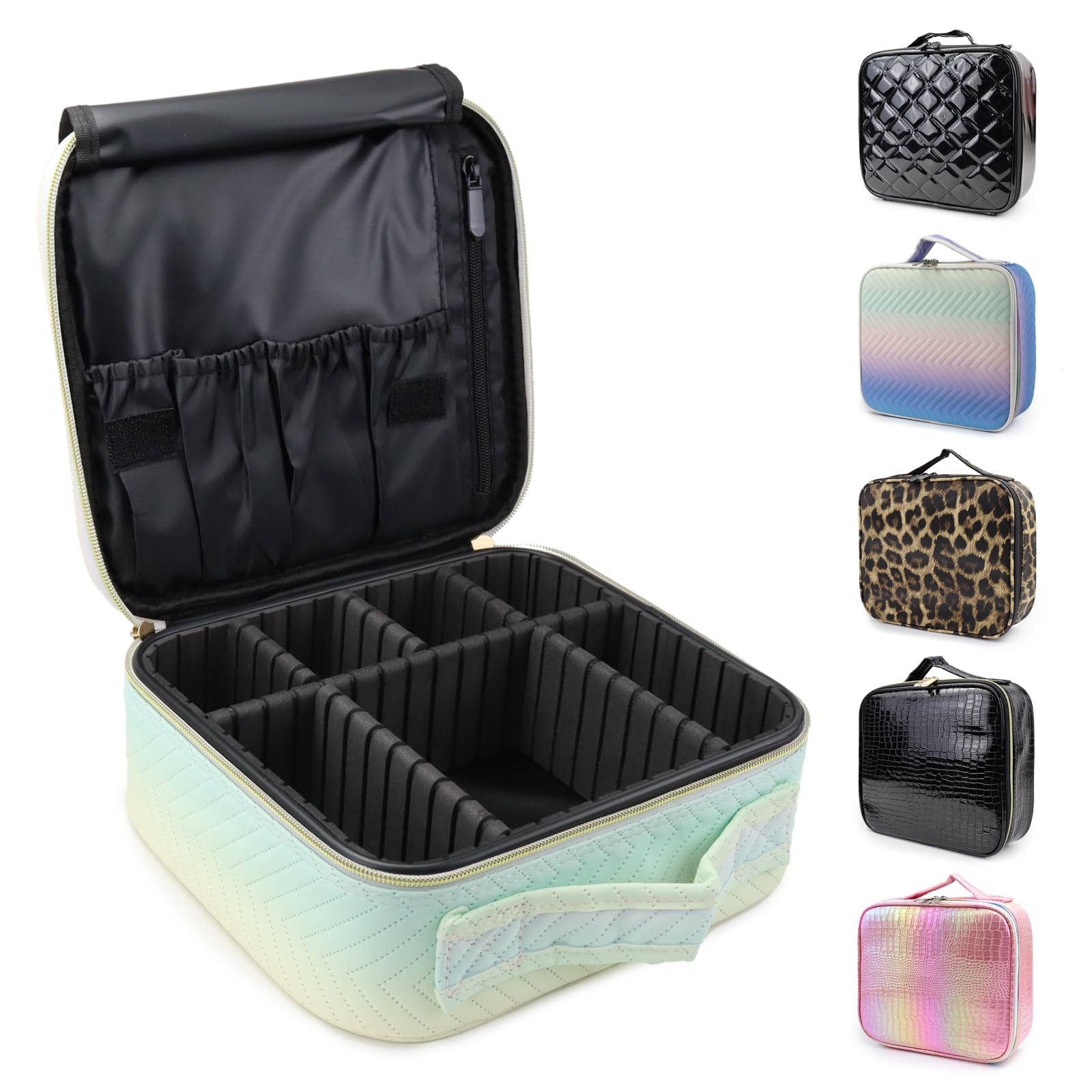 Travel Makeup Case 5 Layers Portable Makeup Train Case Cosmetic Bag Organizer Storage for Women with Adjustable Dividers and Shoulder Strap for Toiletry Travel Accessories(gradient green)