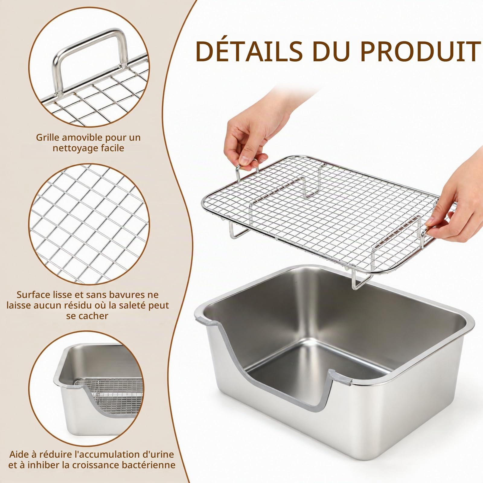 HYLYUN 4-en-1 Bac à Litière Lapin INOX avec Râtelier à Foin, 40x30 cm | Litière petits animaux à entrée basse, anti-odeur, facile à nettoyer, anti-morsure, accessoire cage lapins & cobayes