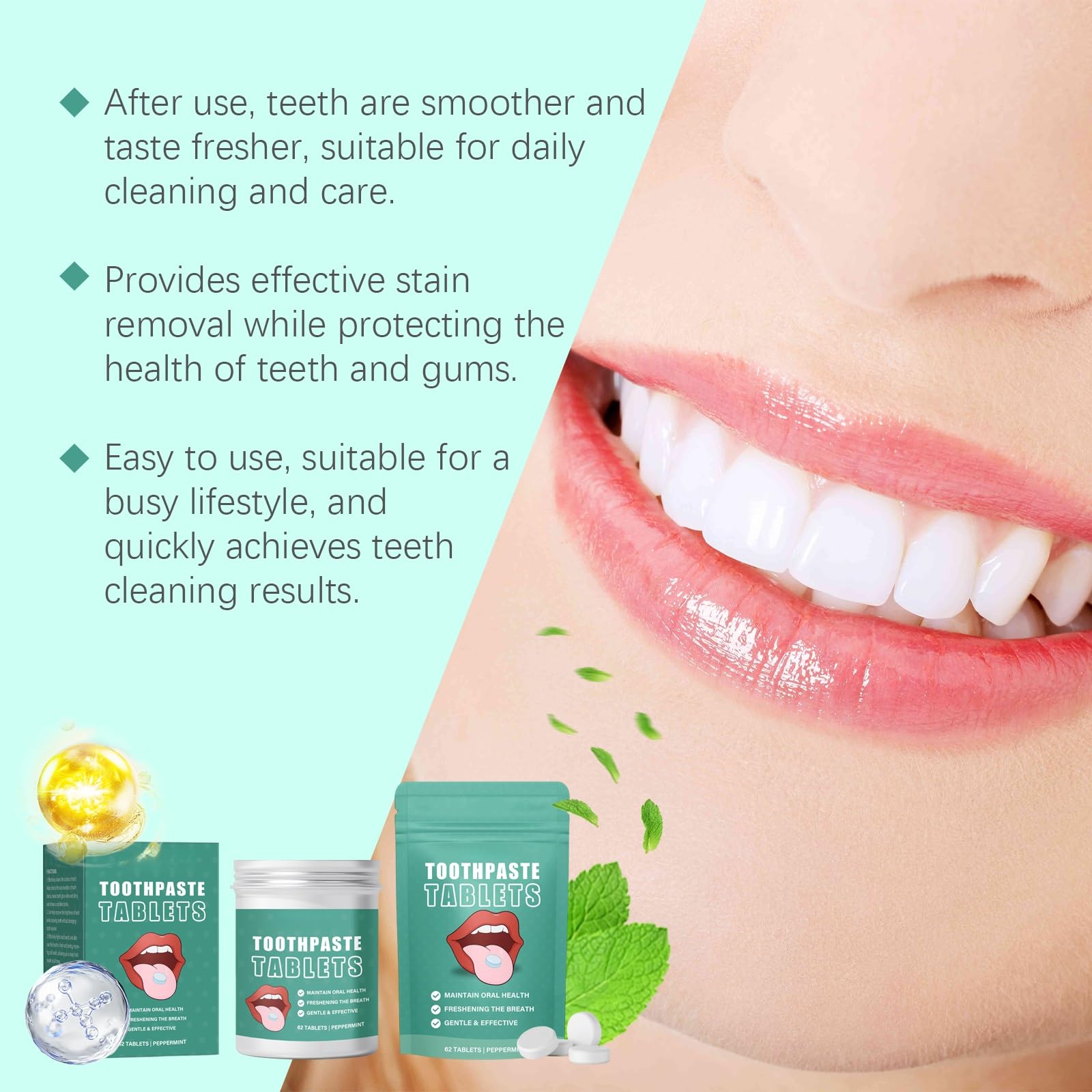 Compresse di dentifricio sbiancante: rimuovono macchie e ingiallimento, rinfrescano l'alito, facili da masticare for l'igiene orale quotidiana(3pcs)