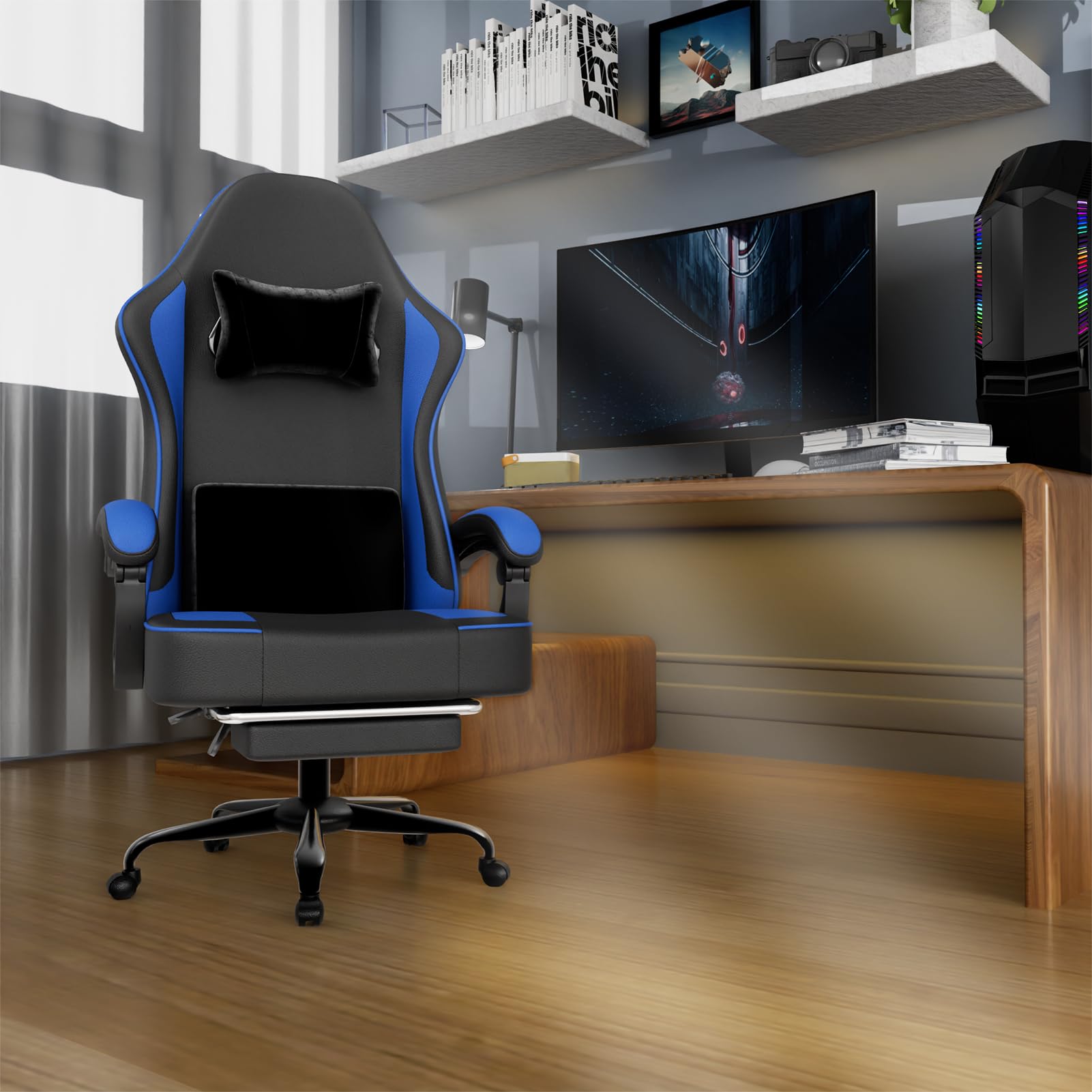 Cavabien Gaming Stuhl mit Taschenfederkernpolsterung und Fußstütze, ergonomischer Computerstuhl für Erwachsene, atmungsaktiver Gaming-Stuhl aus PU-Leder (Blau)