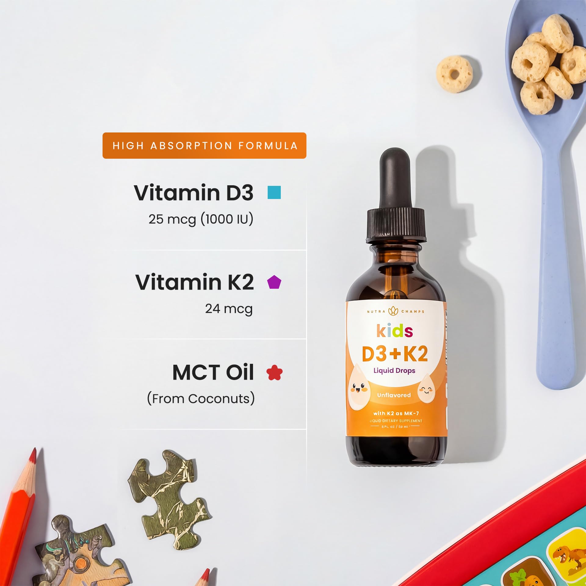 NutraChamps Kids Vitamin D 3 K2 Drops, Vitamin D3 & K2 MK-7, Liquid Vitamin D for Kids 1000 IU, Healthy Bones, Heart & Immune System, Sugar Free Supplement for Toddlers, 300 Servings — Amazon image 3
