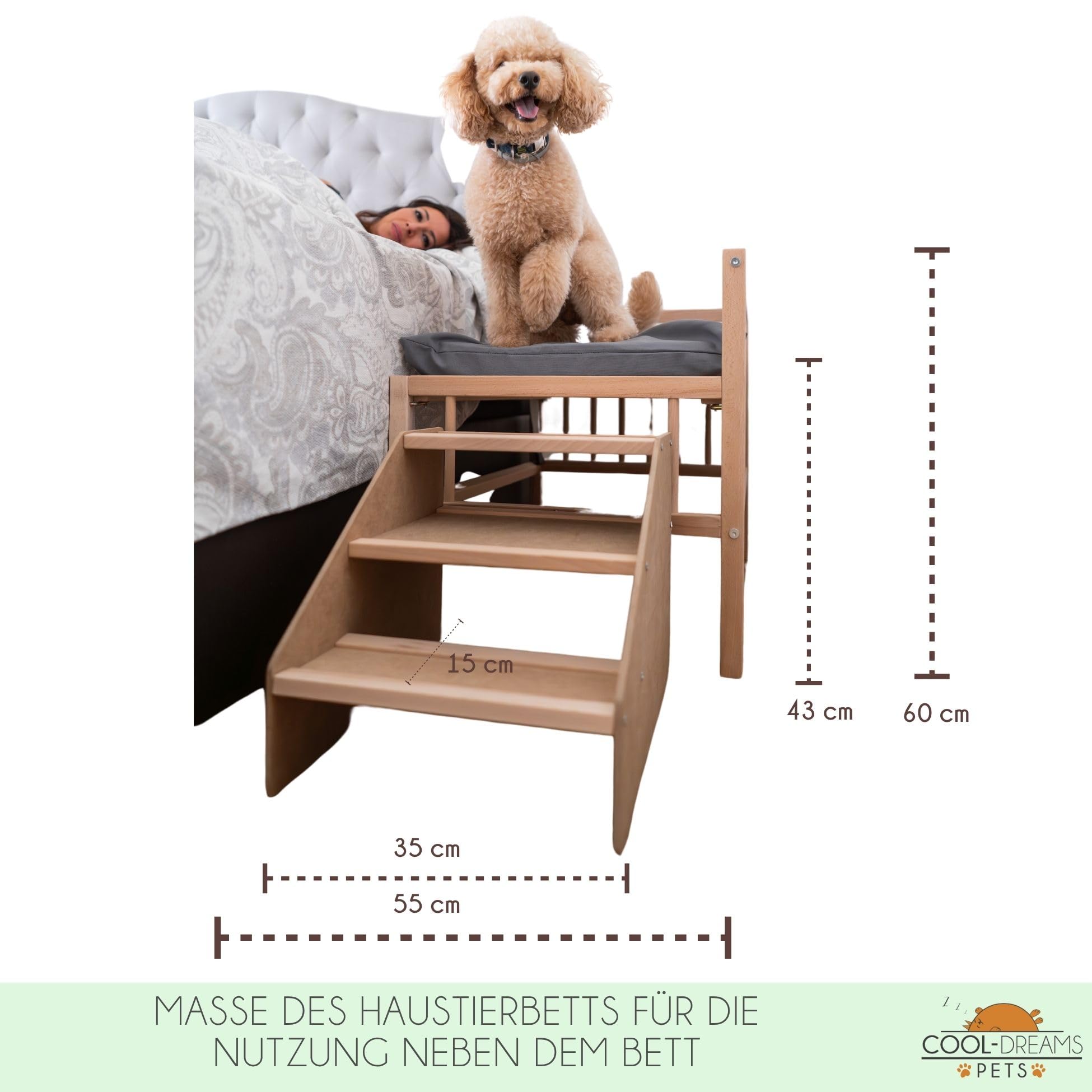 Bett für Hunde, Katzen, Haustiere, erhöhtes Bett aus Holz mit Einstiegsstufe, mit wasserdichter Schaumstoffmatratze + Bezug, Colecho mit Ihrem Tier, 2 Höhen, Faunatic CoolDreams
