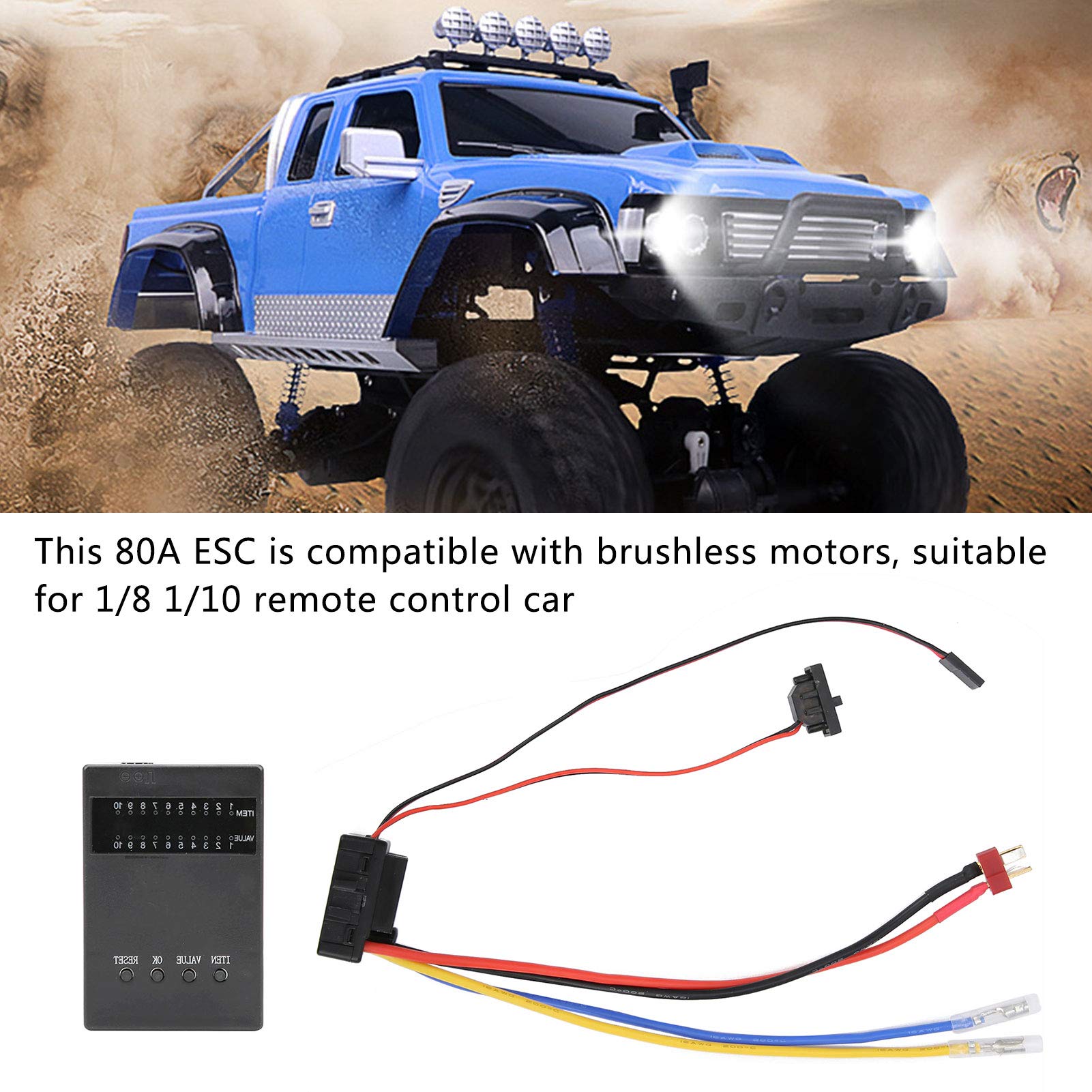 Controlador de velocidad electrónico cepillado 80A, ESC con tarjeta de programa para coche RC 1/8 1/10, ESC RC impermeable a prueba de polvo con protección contra