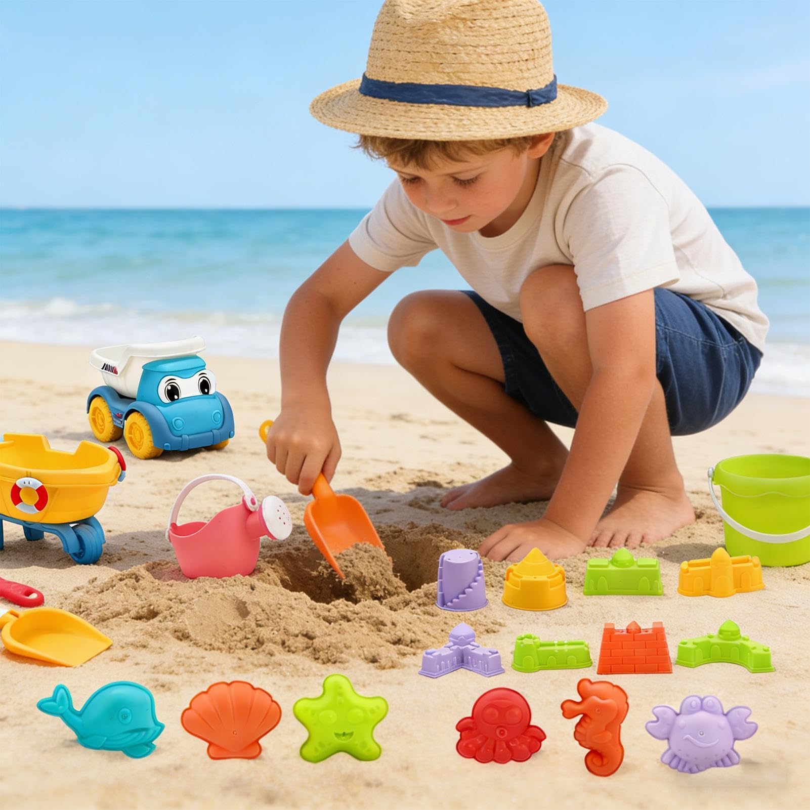 Juguetes de Playa para Niños 30 Piezas, Set de Arenas Completo con Rueda Hidráulica, Camión Volquete, Cubo, Moldes de Castillo y Pala, Juego de Arenero Exterior, Regalo Ideal Verano para Niños y Niñas