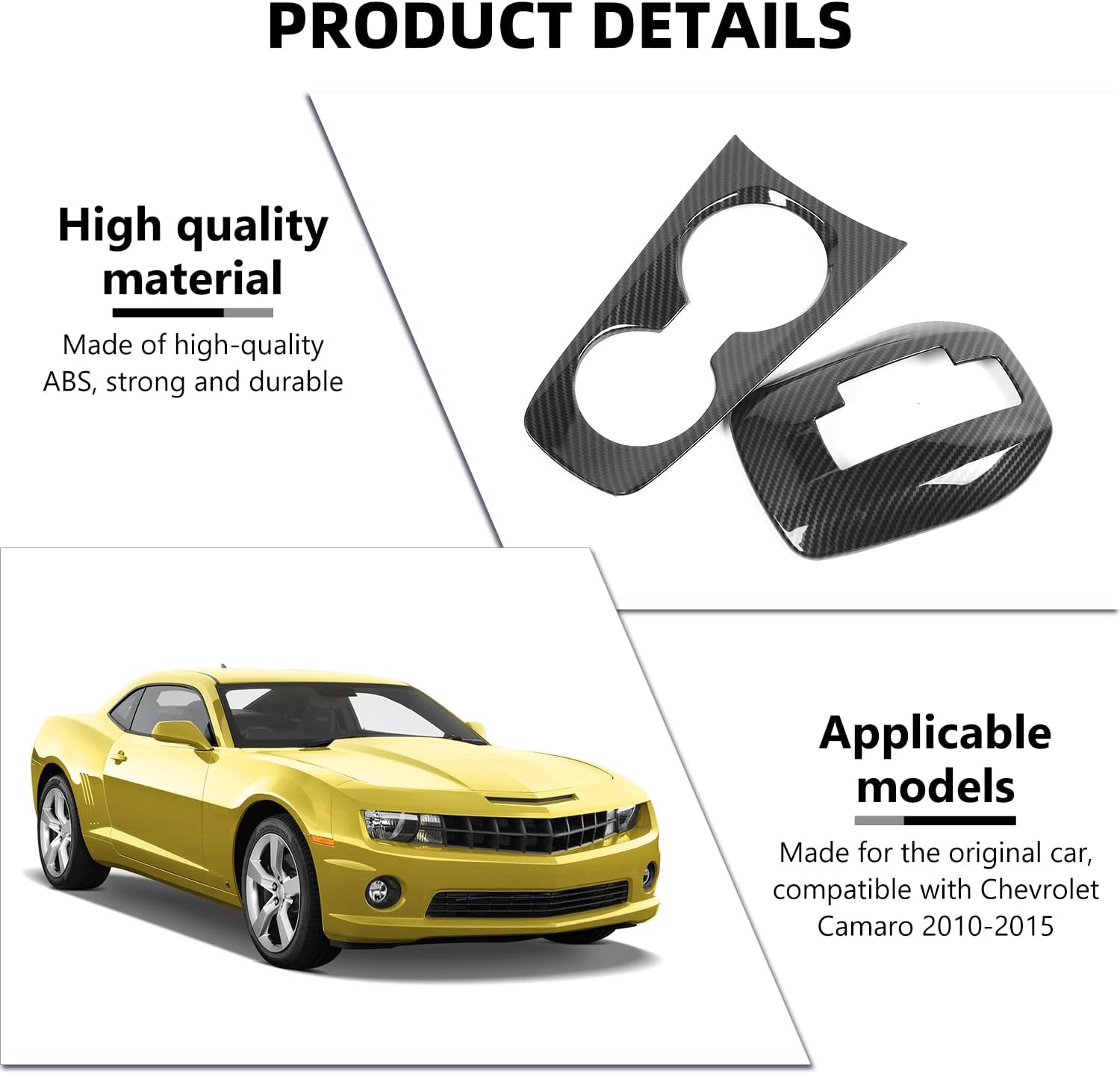 for Camaro Gear Shift Panel Cover, 2PCS Center Console Front Cup Holder Trim Compatible with 2010-2015 Chevrolet Chevy Camaro Interior Accessories, Carbon Fiber