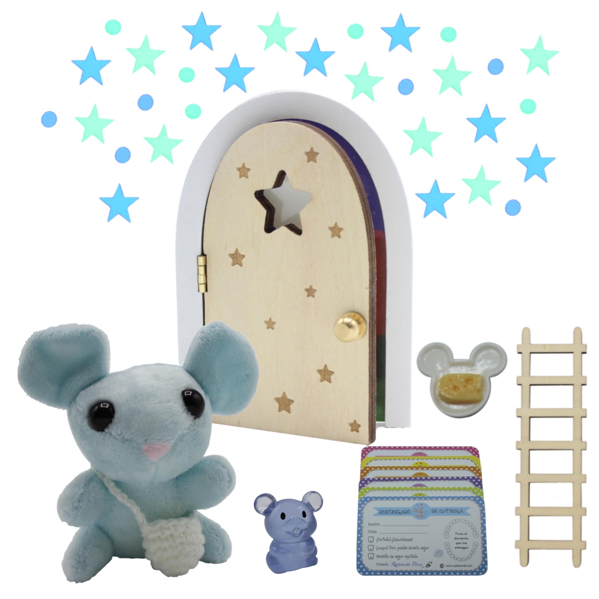 Qué Kawaii® Peluche ratoncito Pérez (10 cm) con puerta que BRILLA Y SE ABRE!!, escalera y bandolera de crochet (Hecha a Mano) que BRILLA en la oscuridad. Plato, queso y raton resina(Natural)