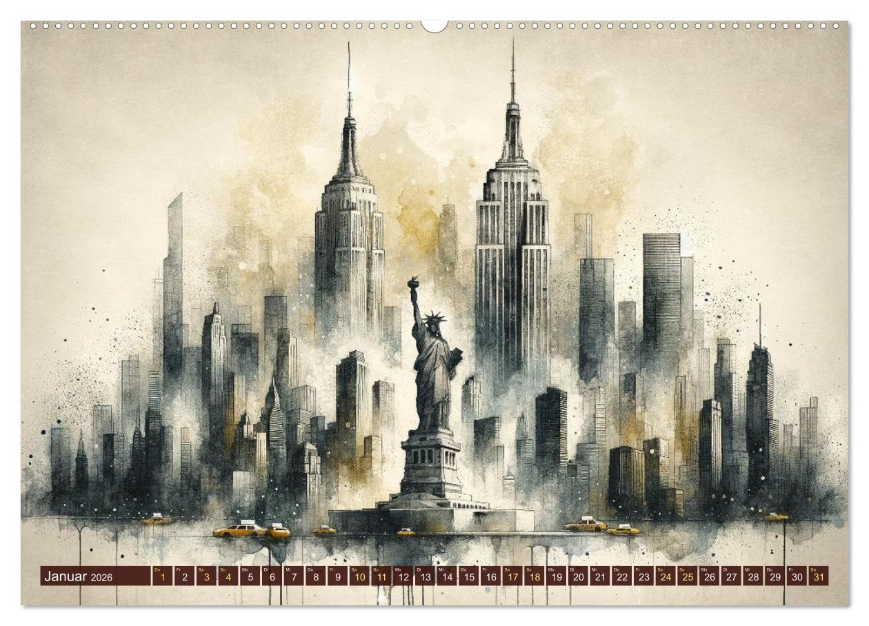 Von New York bis Tokio - Ein KI-Kalender für Weltenbummler (hochwertiger Premium Wandkalender 2026 DIN A2 quer), Kunstdruck in Hochglanz: Weltreise in Pinselstrichen (CALVENDO Orte)