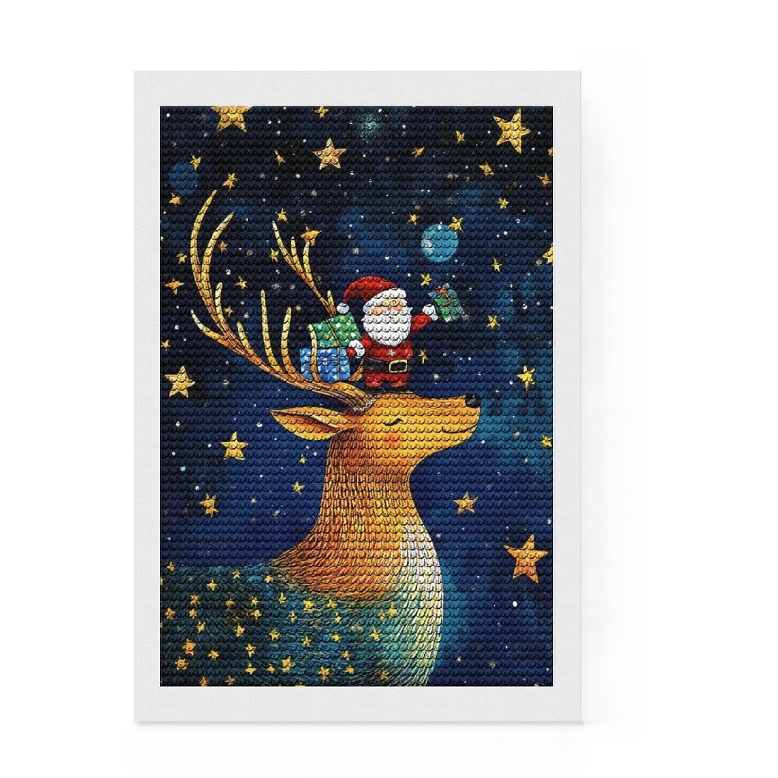 Junmoney Santa on Reindeer Round Drill Diamond Painting 8"x12", with Tool Kit, Easy to Follow Symbols, Farmhouse Decor, for Craft Lovers