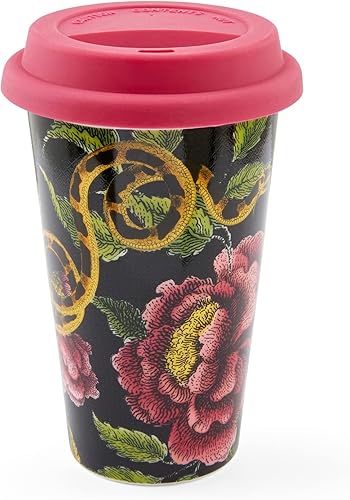 Spode Creatures of Curiosity Collection - Taza de viaje con tapa, vaso para café y té, taza de agua, 10 onzas, diseño floral oscuro, apto para