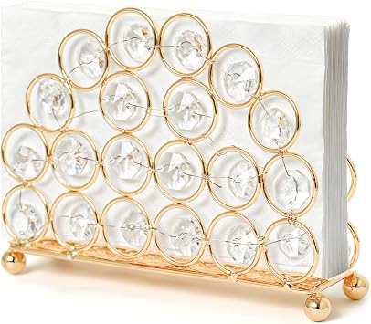 Metal Crystal Gold Napkin Holders, Standing Tissue Dispenser & Card Organizer -5.7"4.3" Modern Table Organizer for Kitchen Dining Party Bathroom Decor